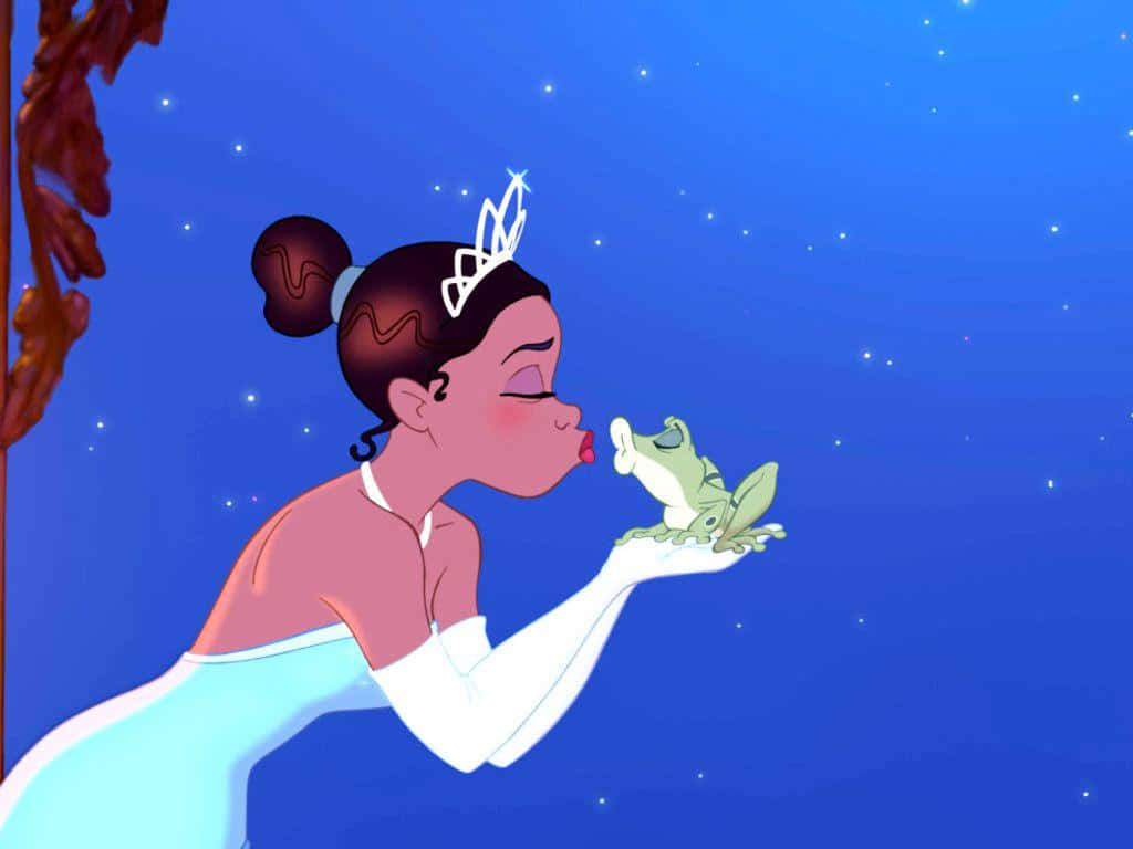 Princess Tiana Kissing Frog Prince Film Still Background