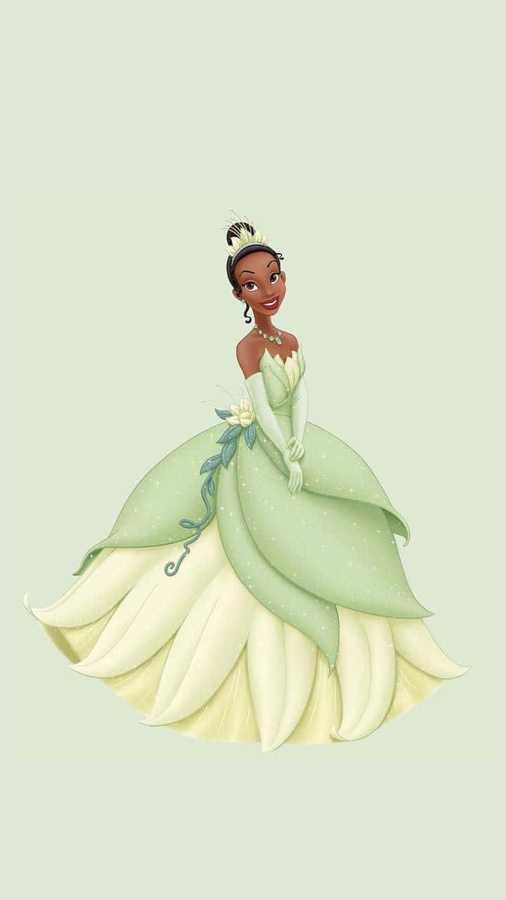 Princess Tiana Sparkling In A Stunning Golden Dress Background