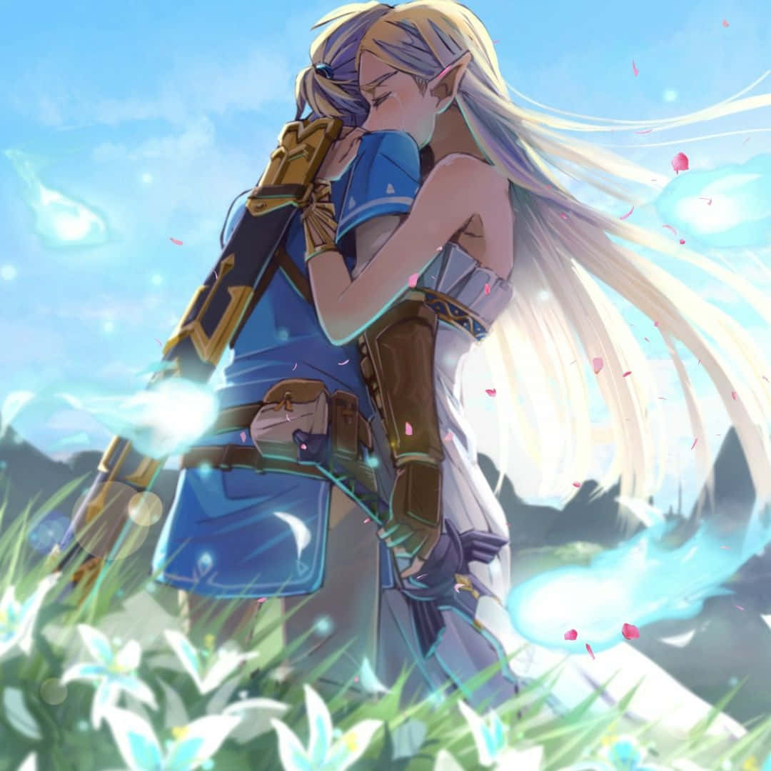 Princess Zelda And Link Hugging Botw Background