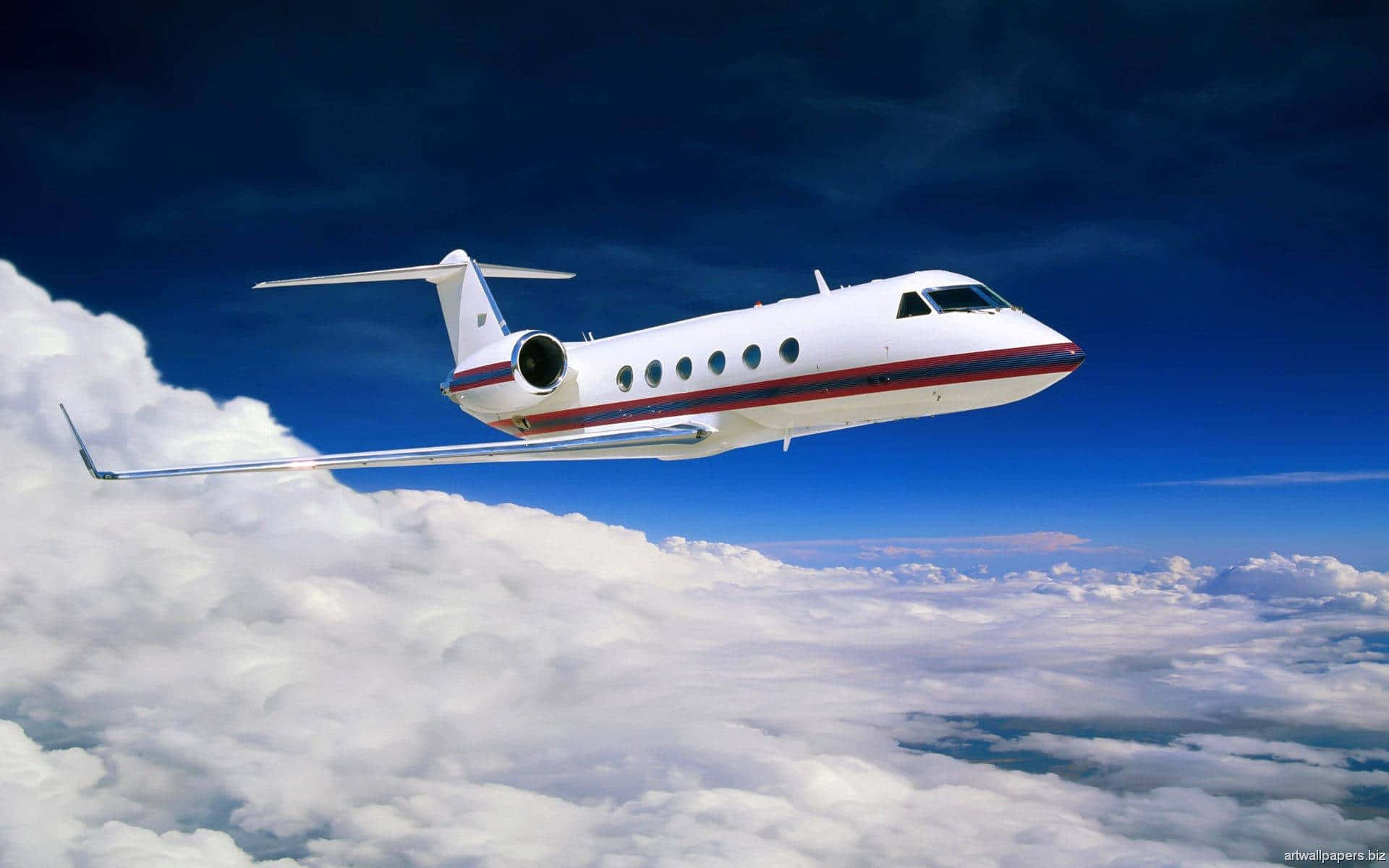 Private Jet Over Clouds Background