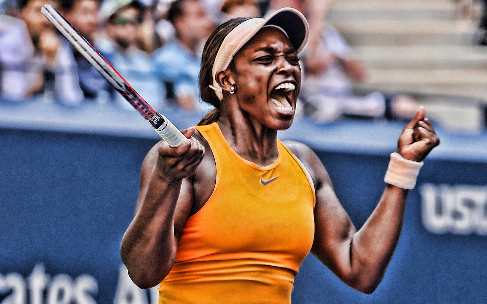 Pro Tennis Player Sloane Stephens Showing Intensity On Court Background