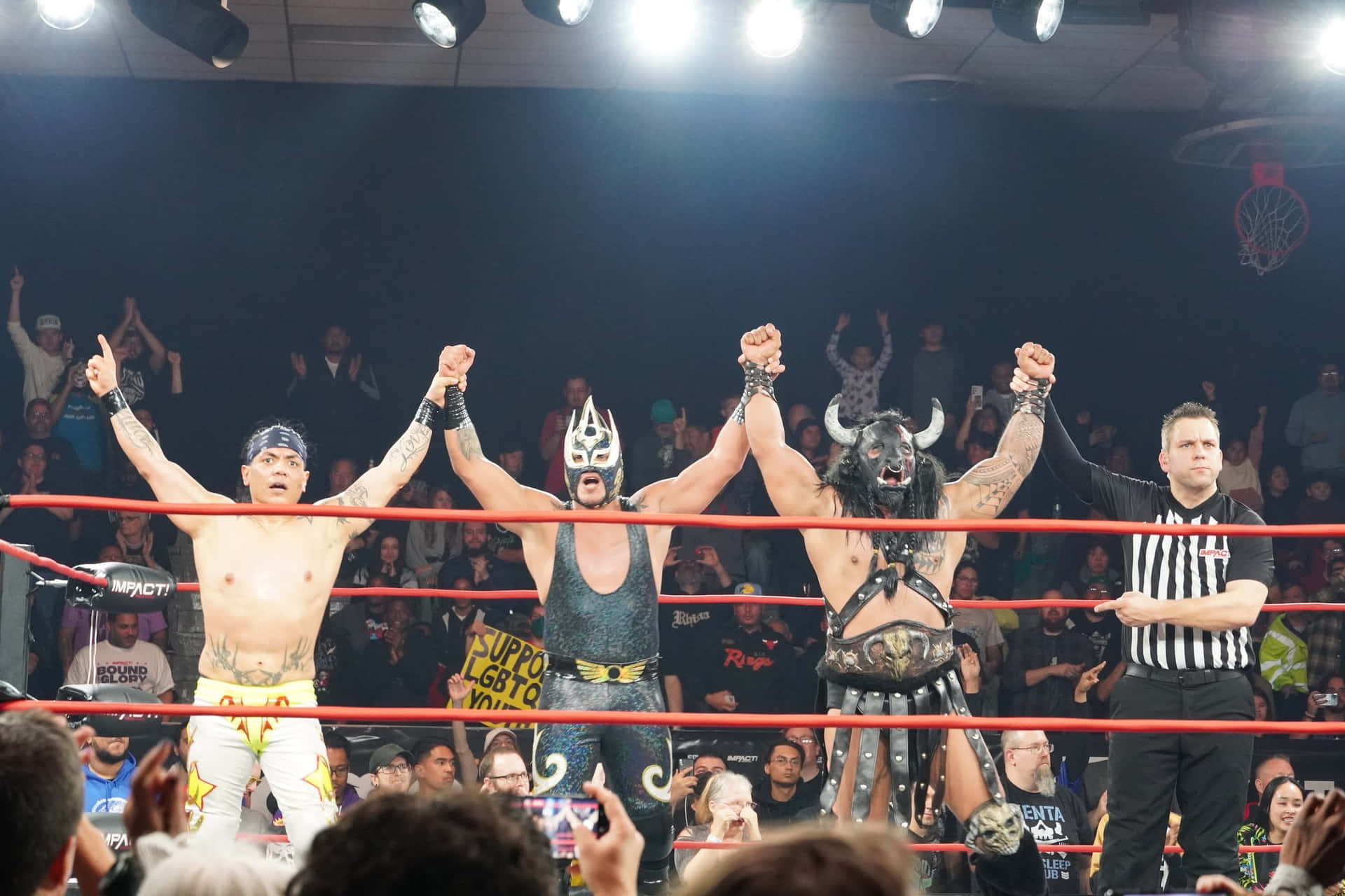 Pro Wrestlers Celebrating Victoryin Ring Background