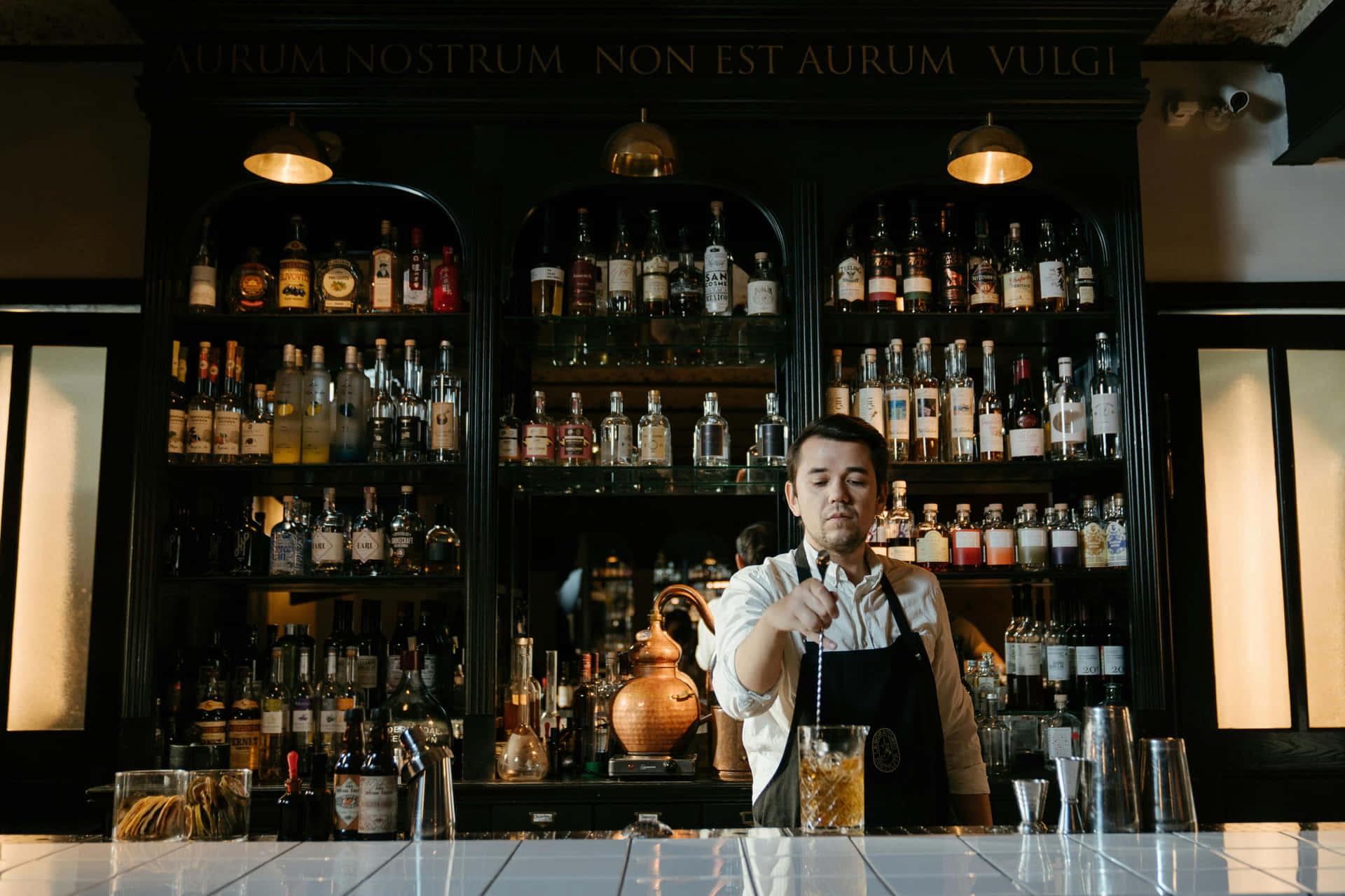 Professional Bartender Preparing Drink