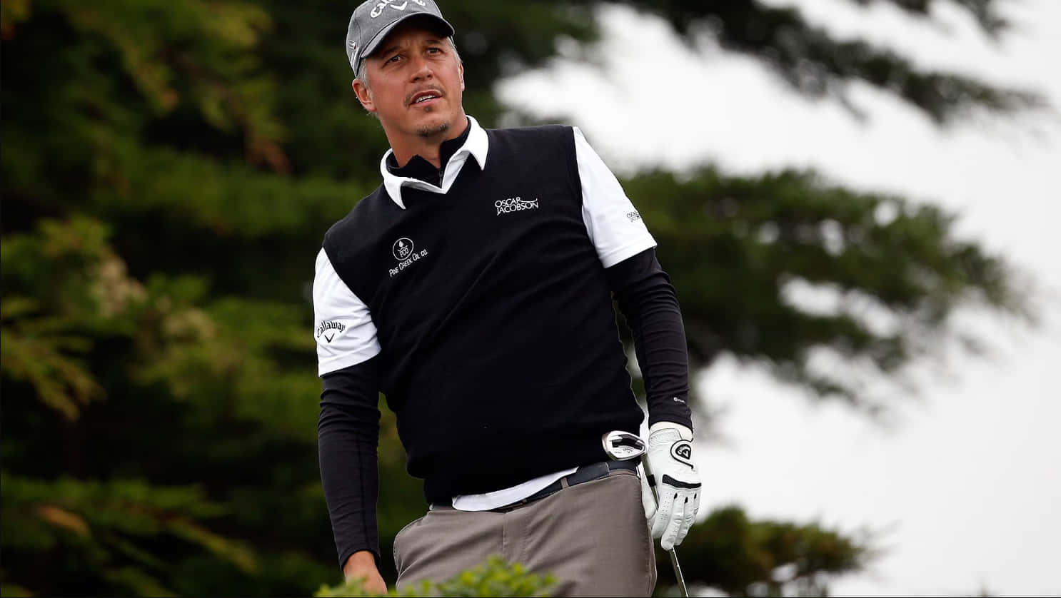 Professional Golfer Freddie Jacobson Skillfully Holding A Golf Club. Background