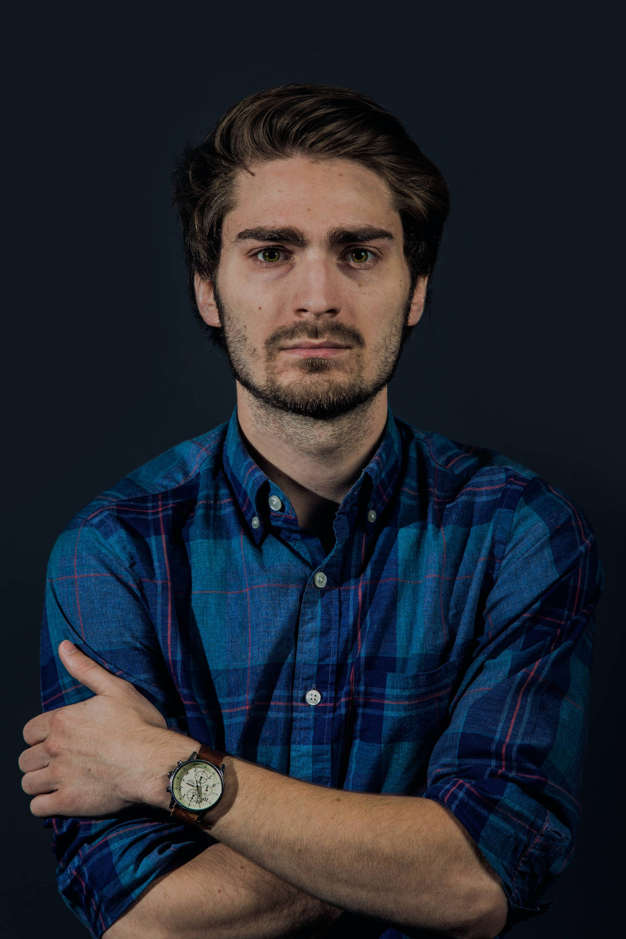 Professional Man In Blue Checkered Shirt Headshot Background