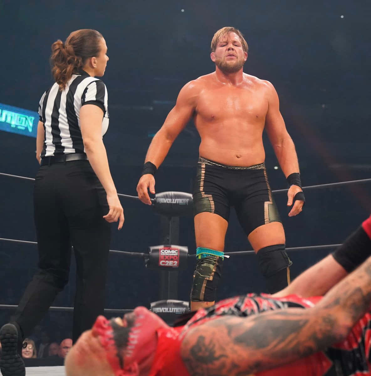 Professional Mma Fighter Jake Hager In A Match With Referee Aubrey Edwards And Unnamed Opponent. Background
