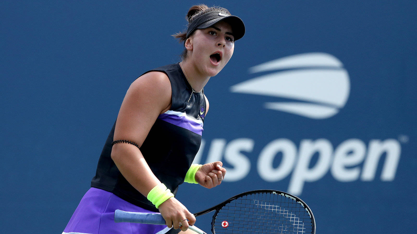 Professional Tennis Player Bianca Andreescu Celebrating A Victory At The Us Open. Background