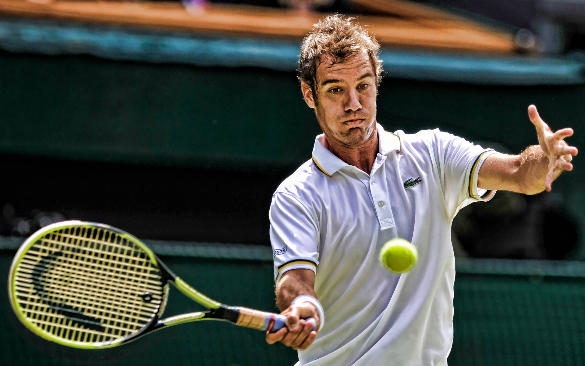 Professional Tennis Player Richard Gasquet Elegantly Hitting An Incoming Ball Background