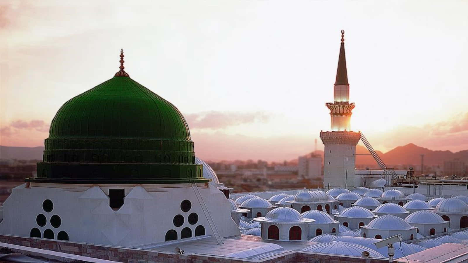 Prophet's Mosque At Sunset In Madina Background