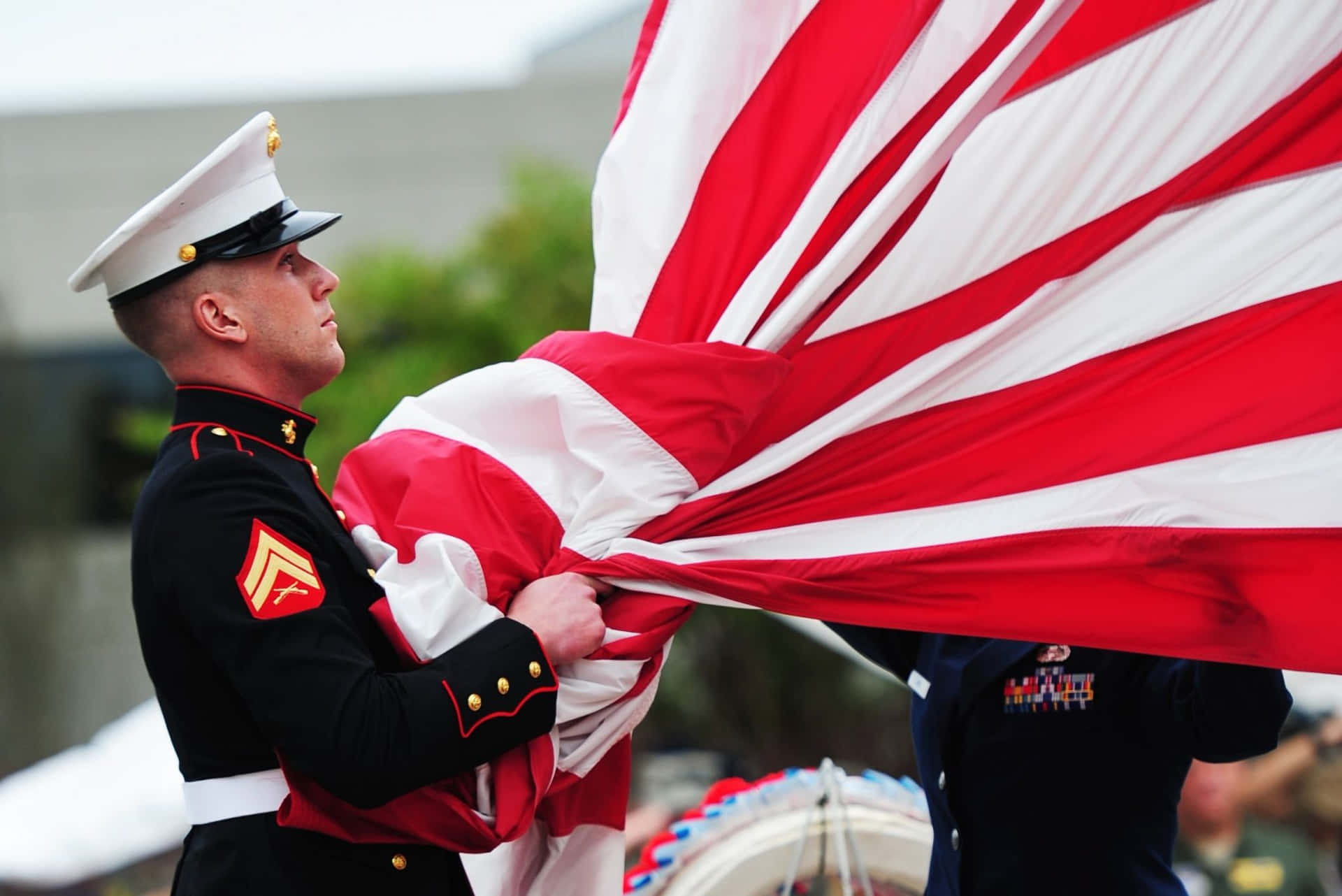 Proud U.s. Marine Salutes The American Flag In Training.