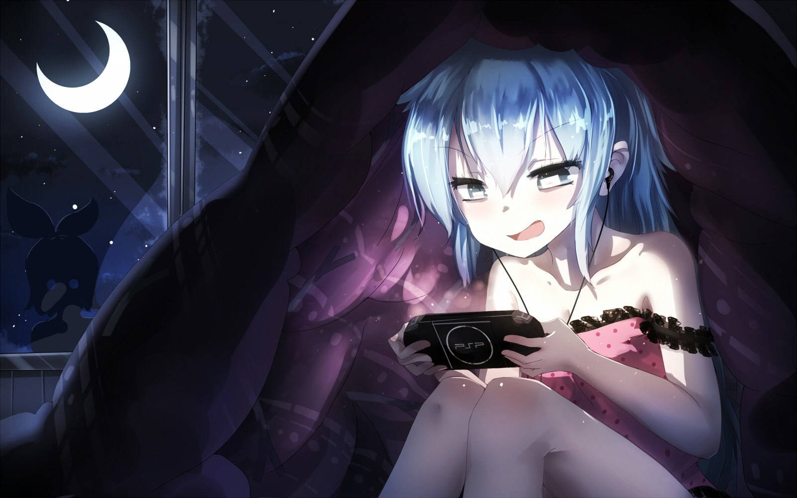 Psp Anime Girl Playing At Night Background