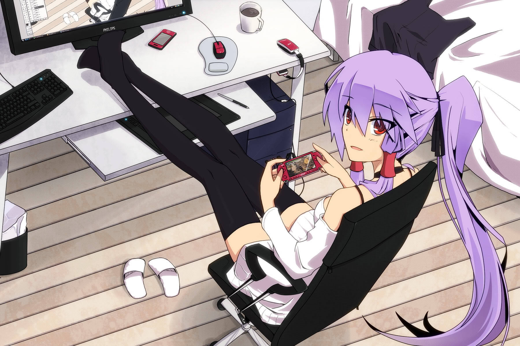 Psp Anime Girl Playing By Desk Background