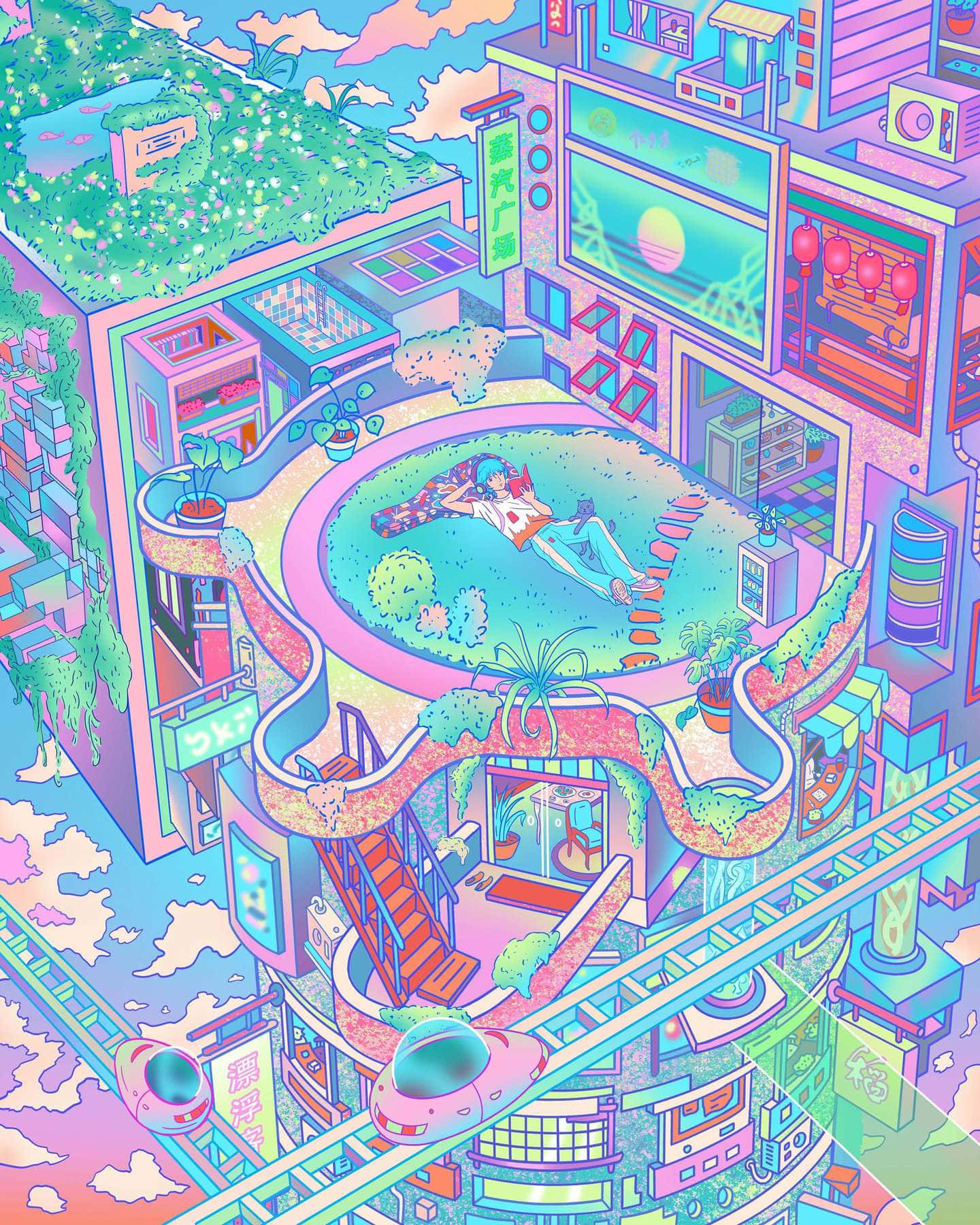Psychedelic Anime Cityscape Background