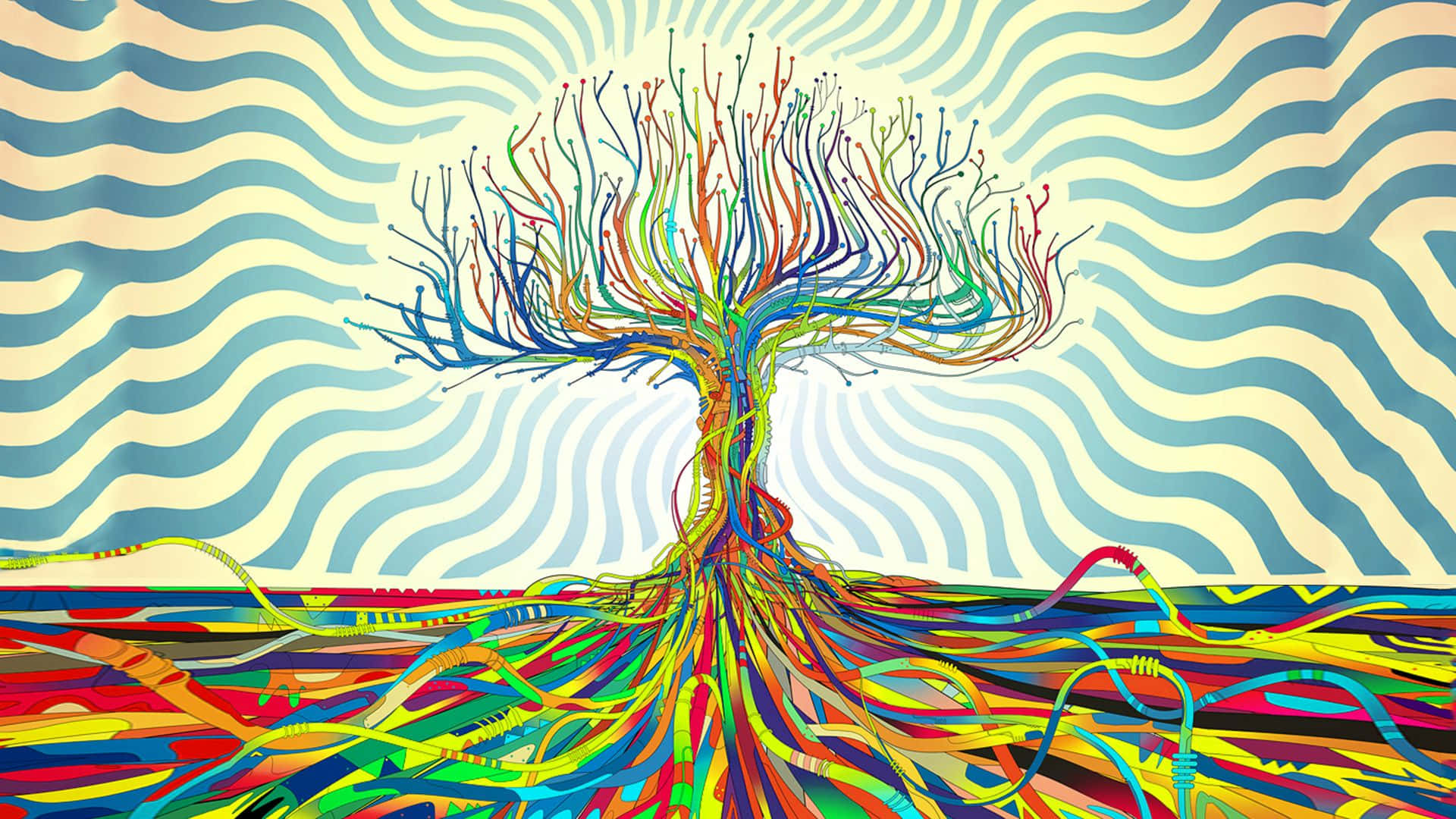 Psychedelic Tree Of Life With Colorful Roots