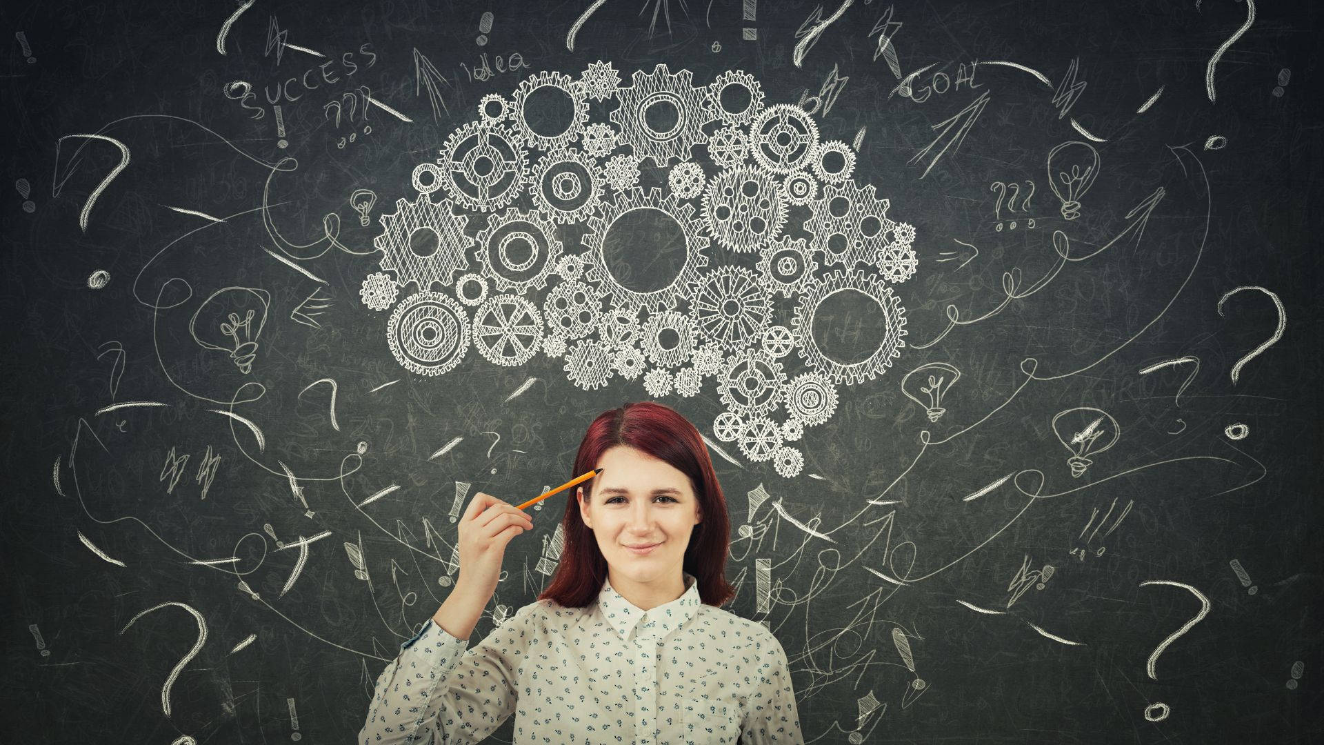 Psychology Woman Thinking Mechanical Brain Background