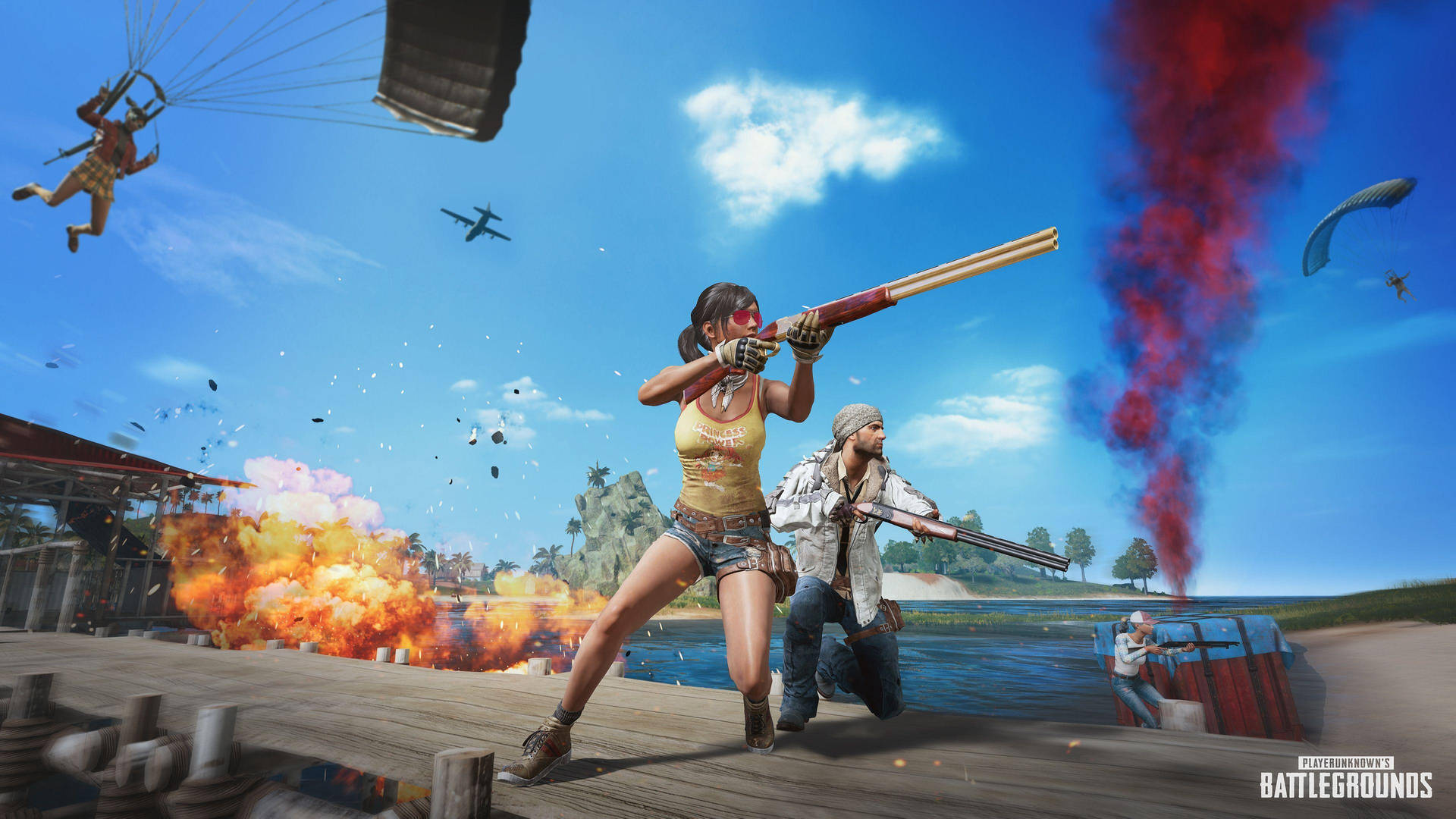 Pubg Hd Players With Guns At Pier Background