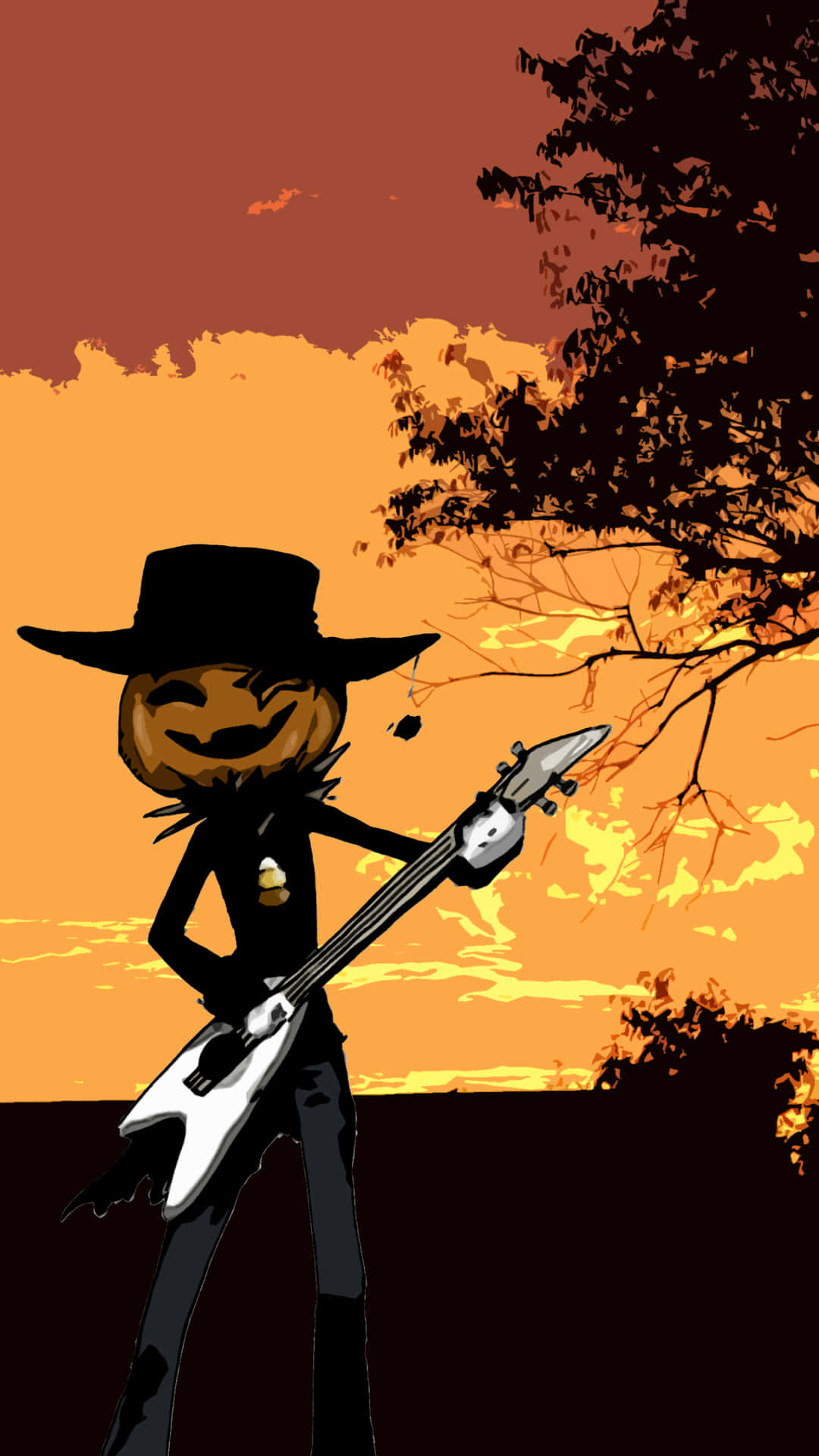 Pumpkin Head Guitarist Sunset Silhouette Background