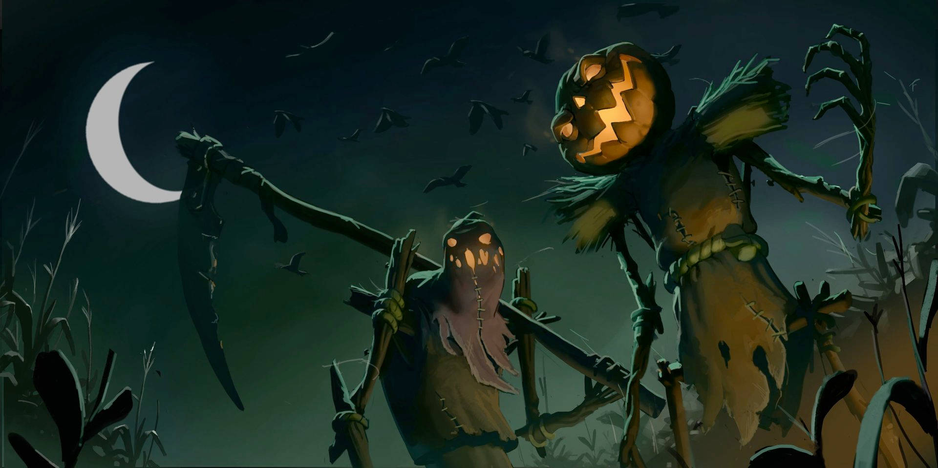 Pumpkin Scarecrows With Scythe Halloween Computer Background