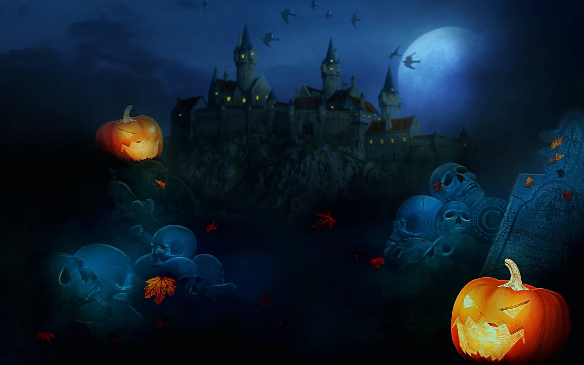 Pumpkins And Castle Holloween Computer Background