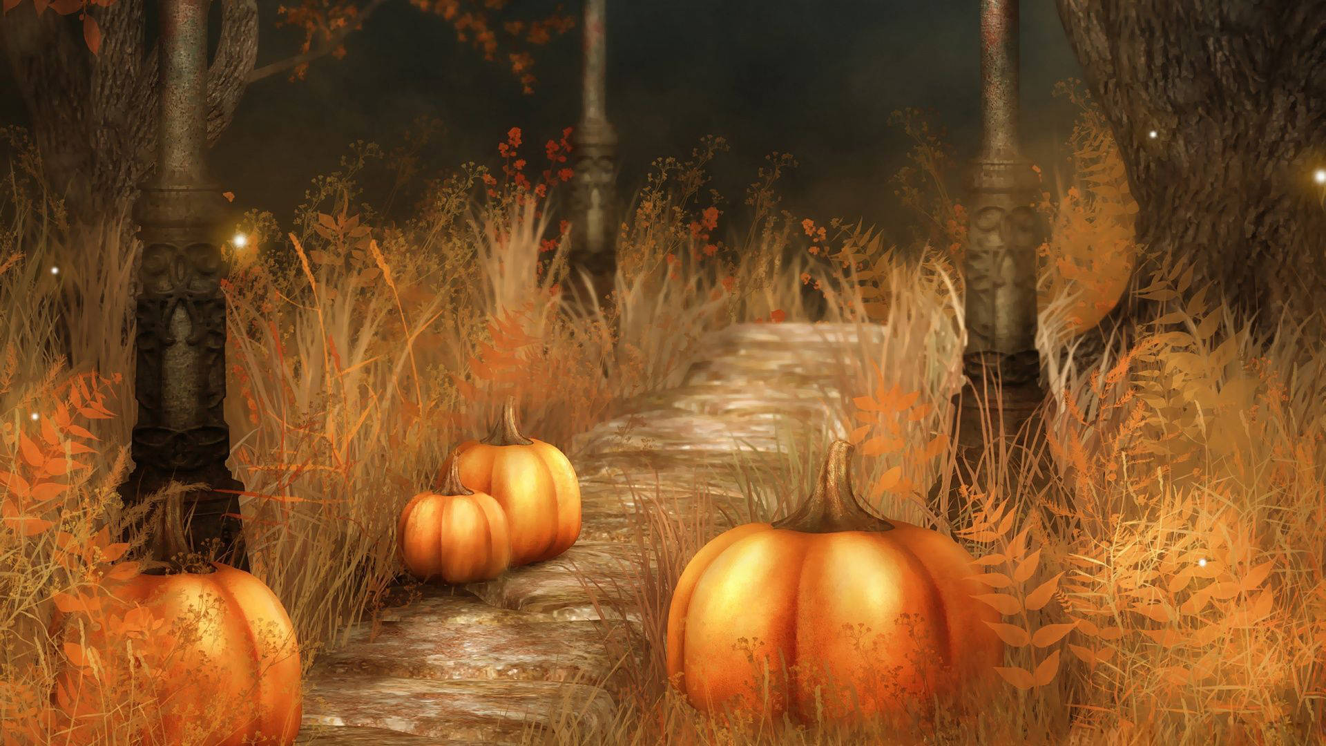 Pumpkins On Grassy Road Halloween Computer Background