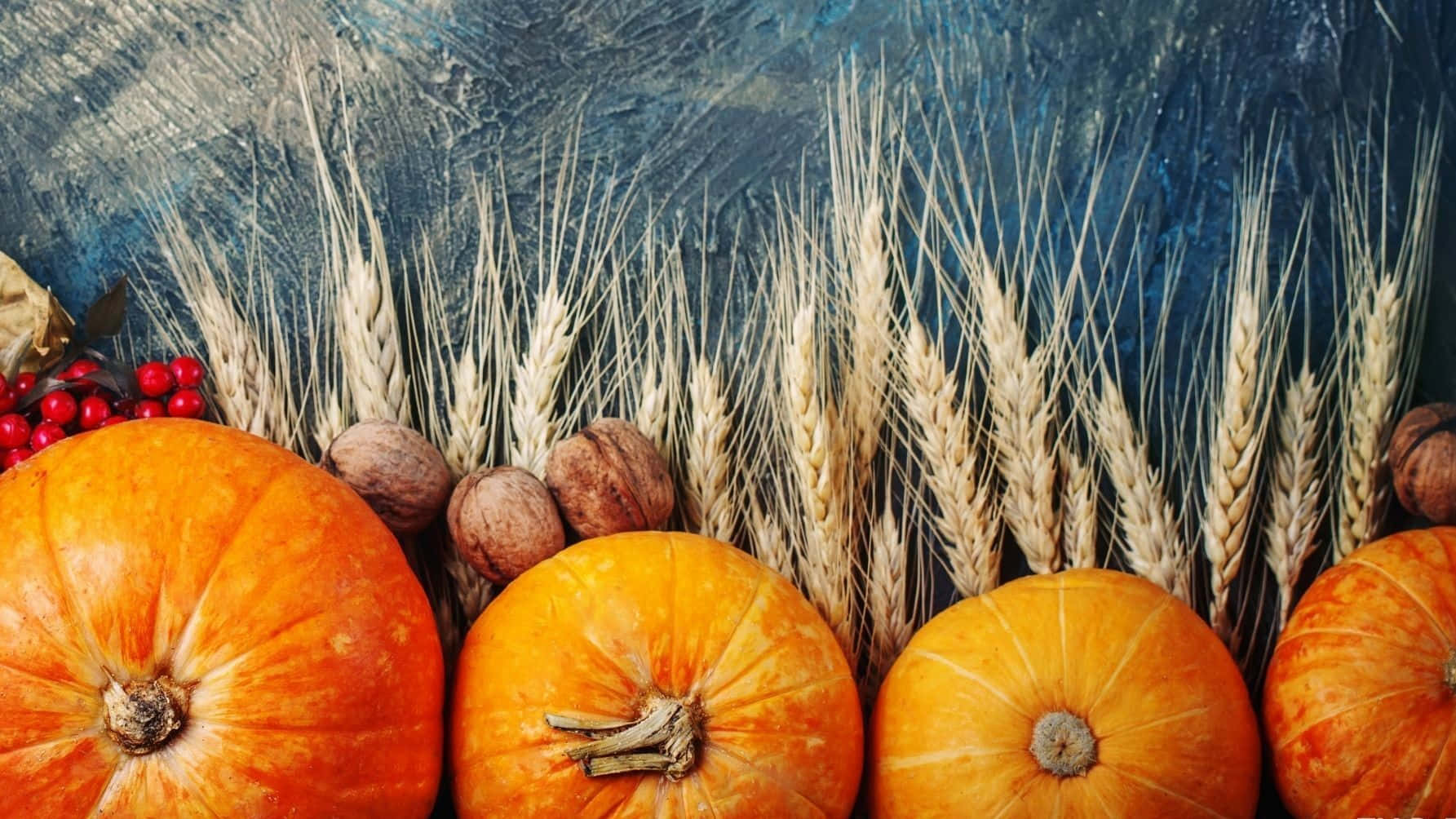 Pumpkins, Pears, Cranberries And Wheat On A Blue Background Background