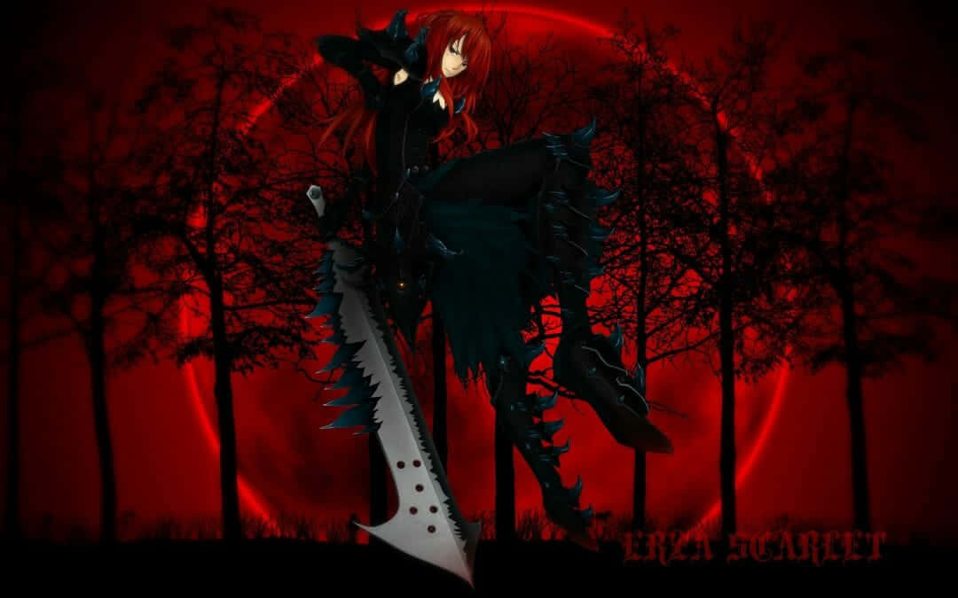 Punk-goth Girl In Red And Black Anime Style Background