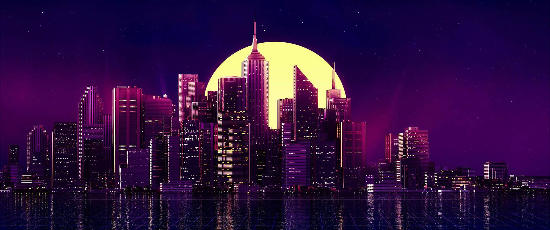 Purple 3440x1440 City With Full Moon Background