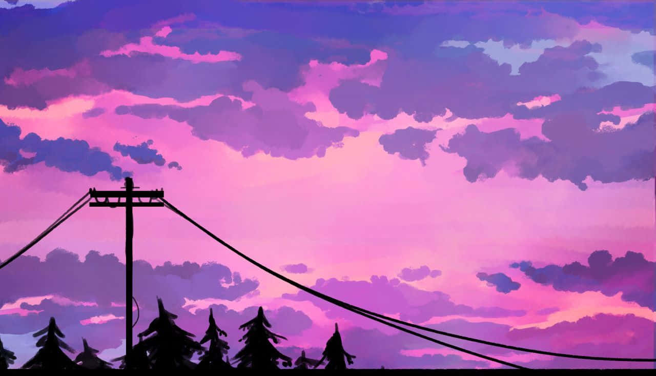 Purple Aesthetic Laptop Silhouette Utility Pole Background