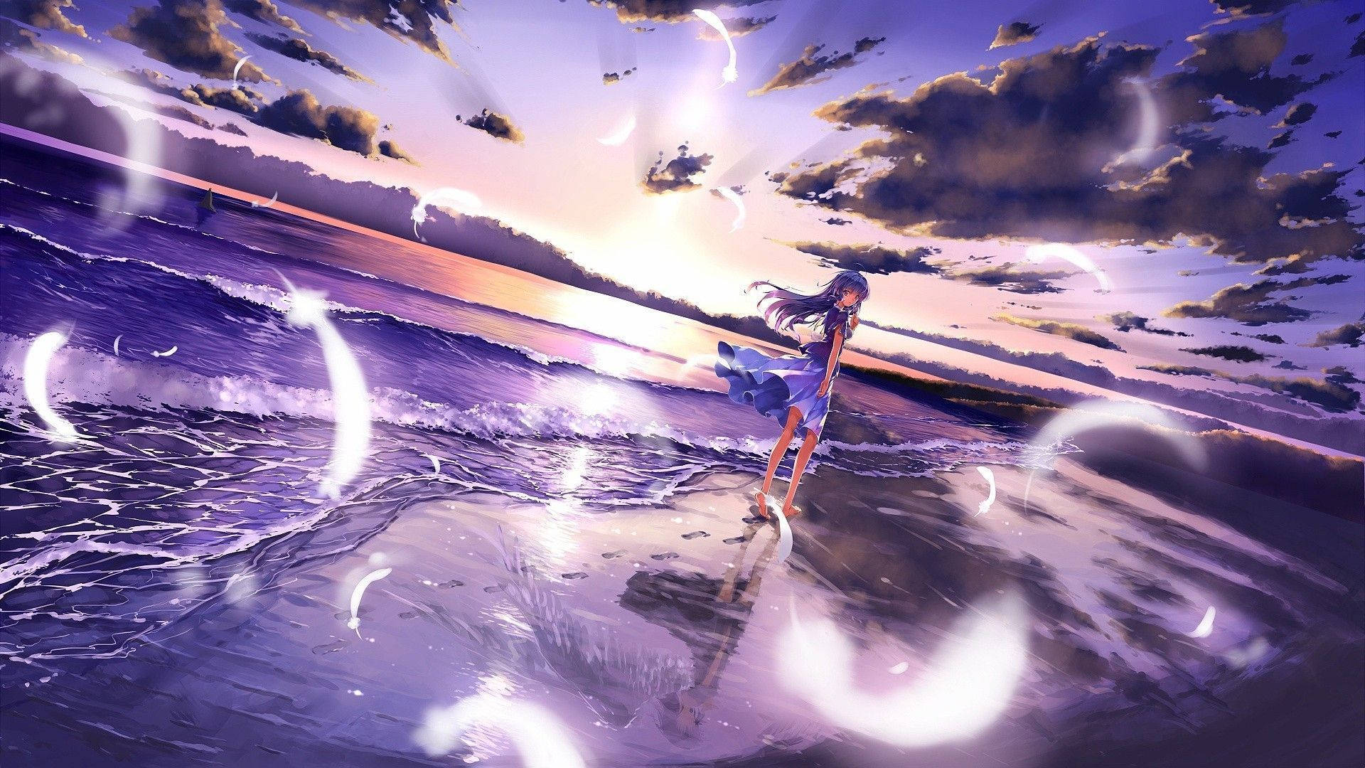 Purple Anime Aesthetic Beach Girl Background