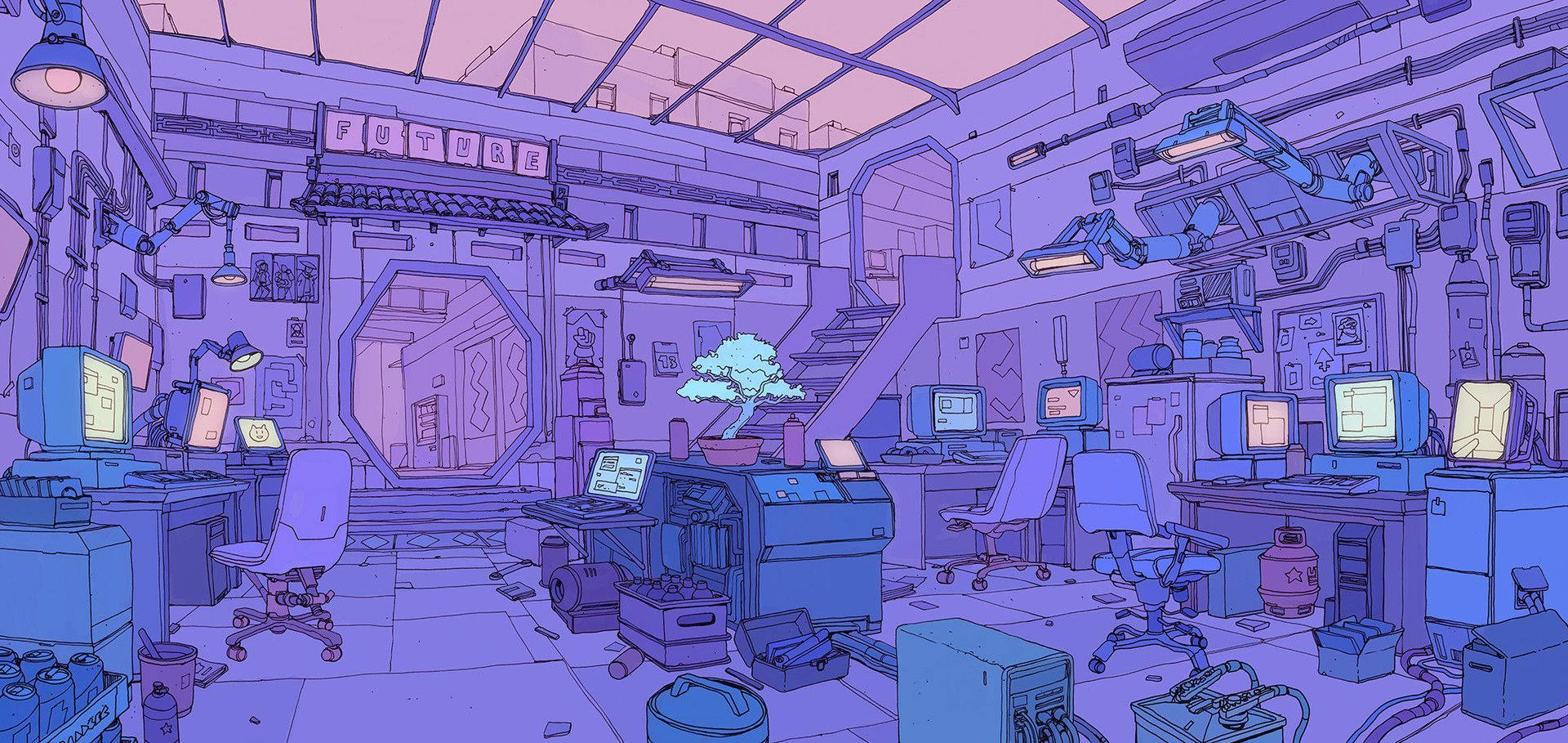 Purple Anime Aesthetic Office Room Background