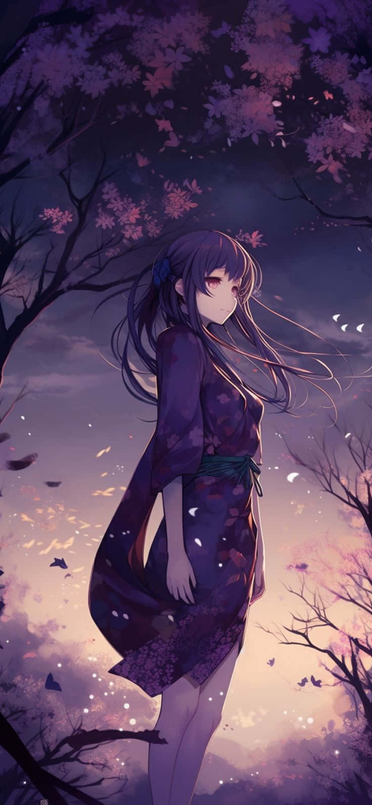 Purple Anime Girl Cherry Blossoms Night Background