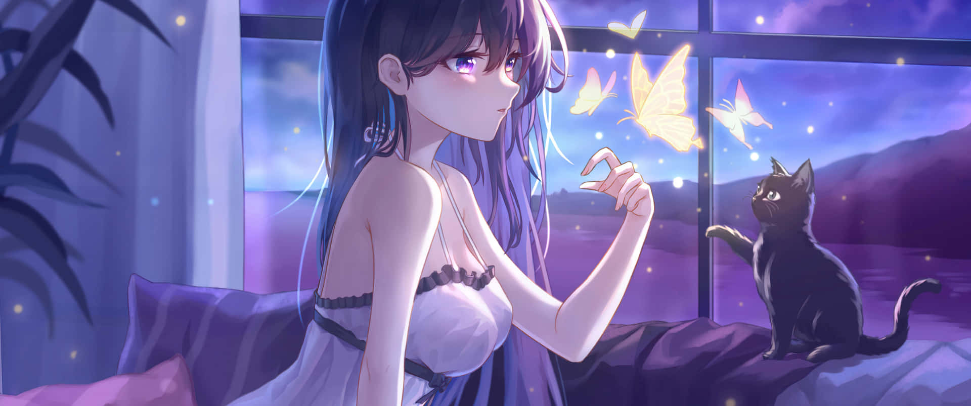 Purple Anime Girlwith Catand Magic Butterflies Background