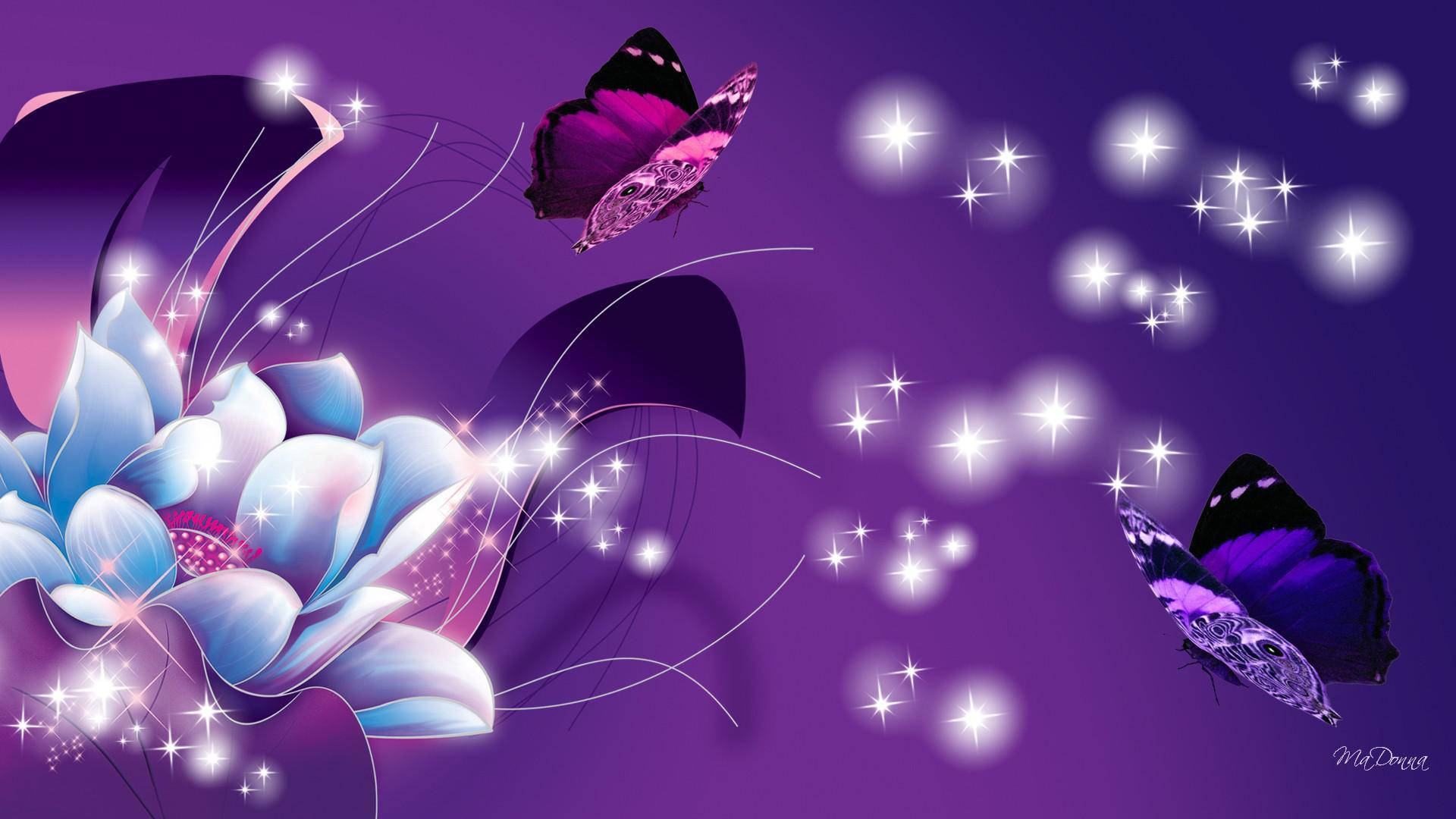 Purple Butterfly Sparkling Flowers Background