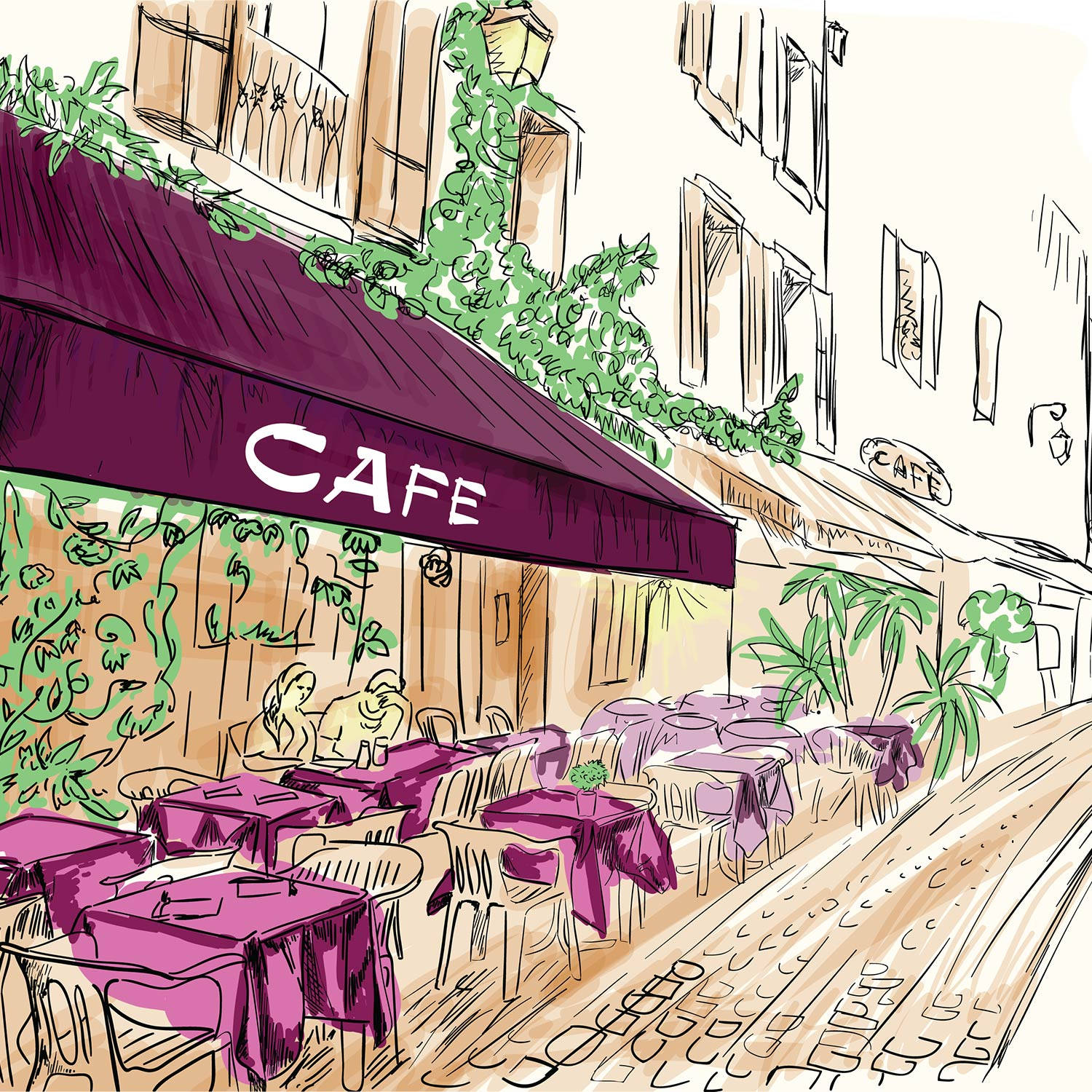 Purple Cafe Digital Sketch Art