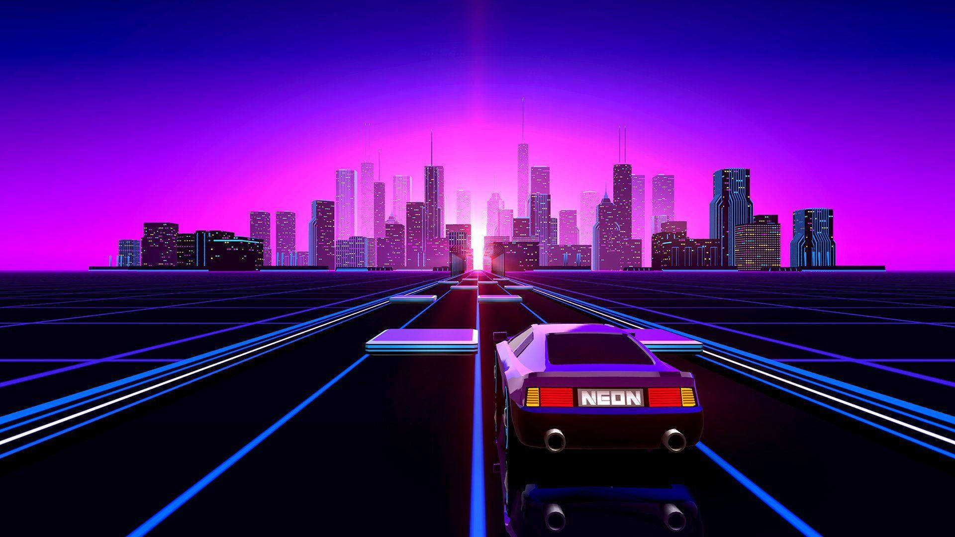 Purple Car To Neon Pink Retro City Background