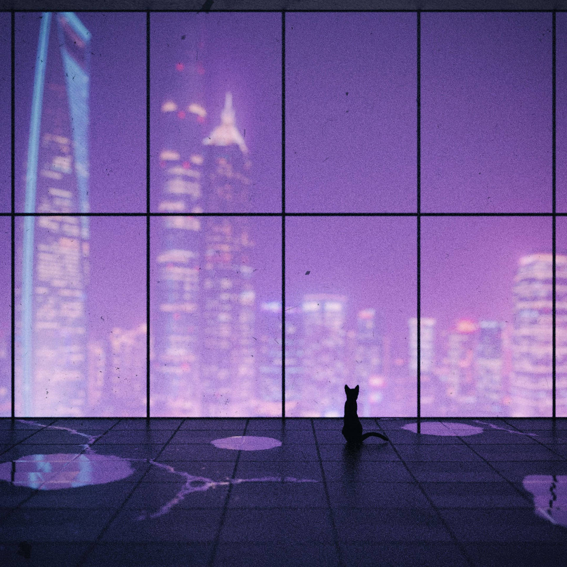 Purple City Art With Cat Background