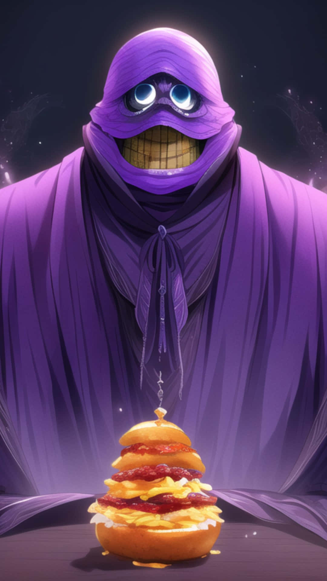 Purple Cloaked Figurewith Burger Background
