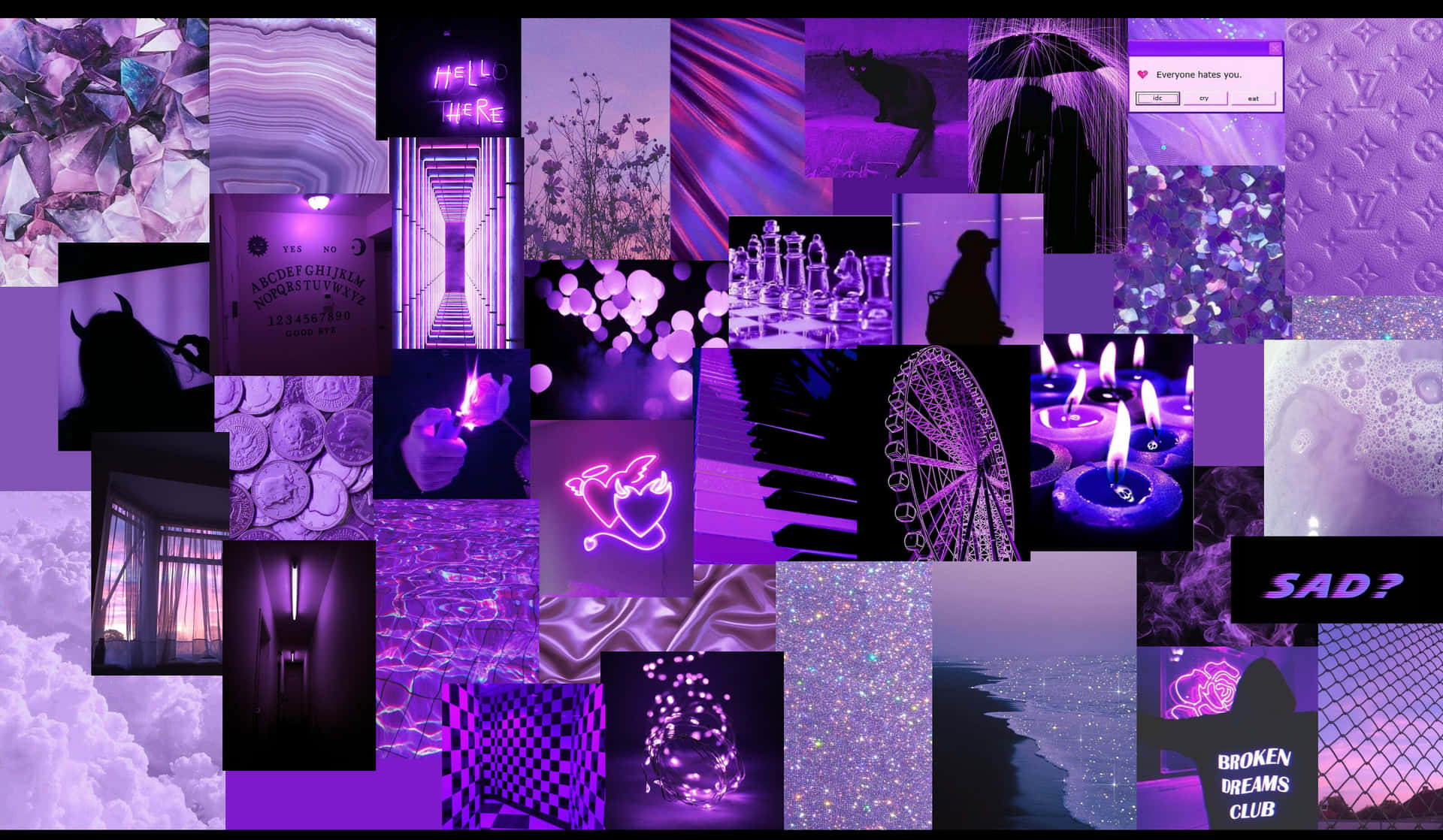 Purple Collage With Many Pictures And Objects Background