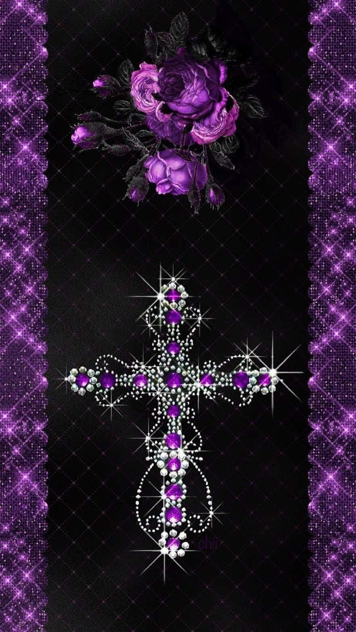 Purple Cross With Rhinestones On A Black Background Background