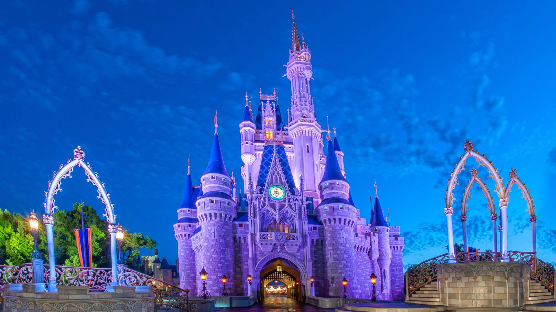 Purple Disneyland Castle And Blue Sky Background