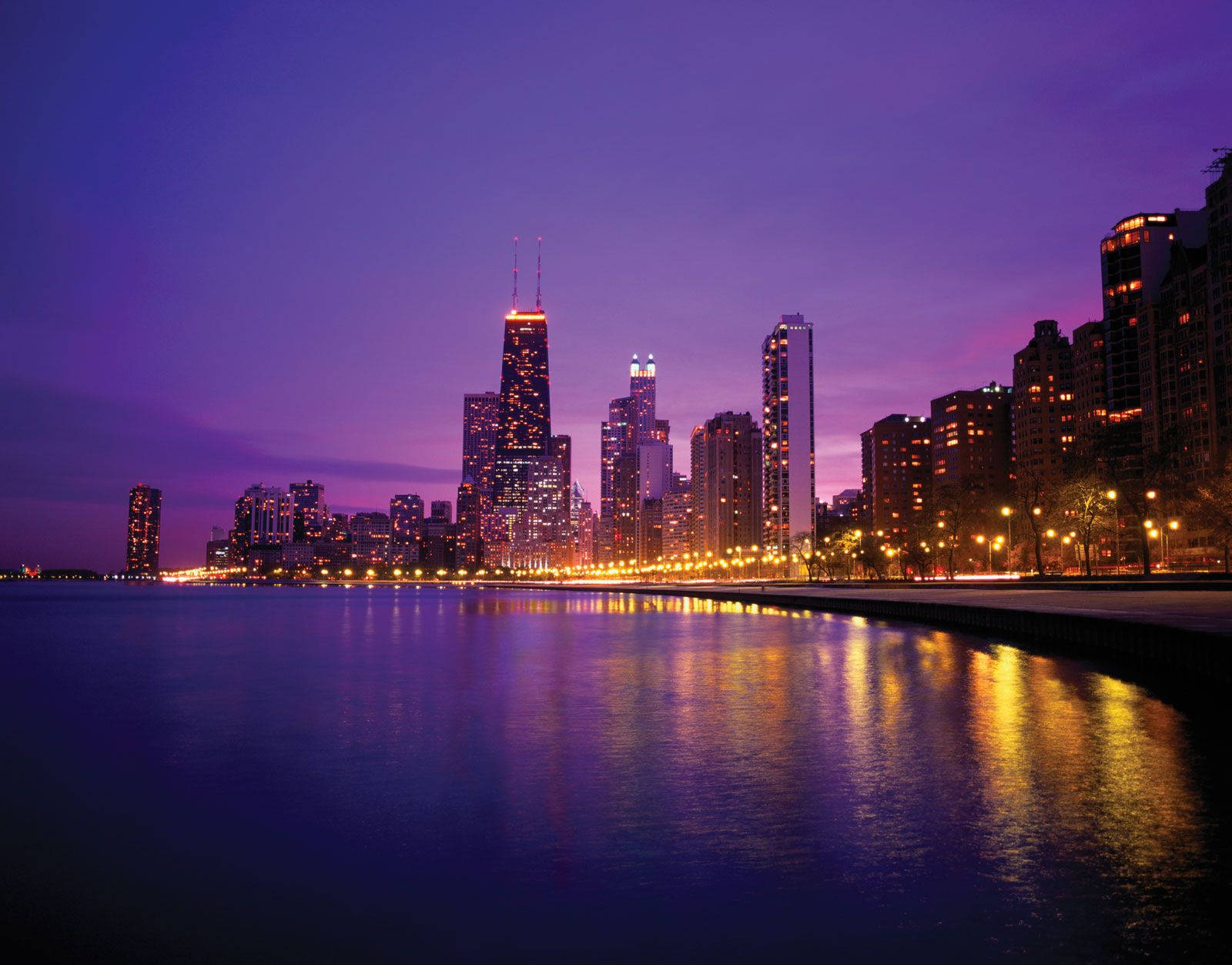 Purple Evening Scene In Downtown Chicago, Illinois