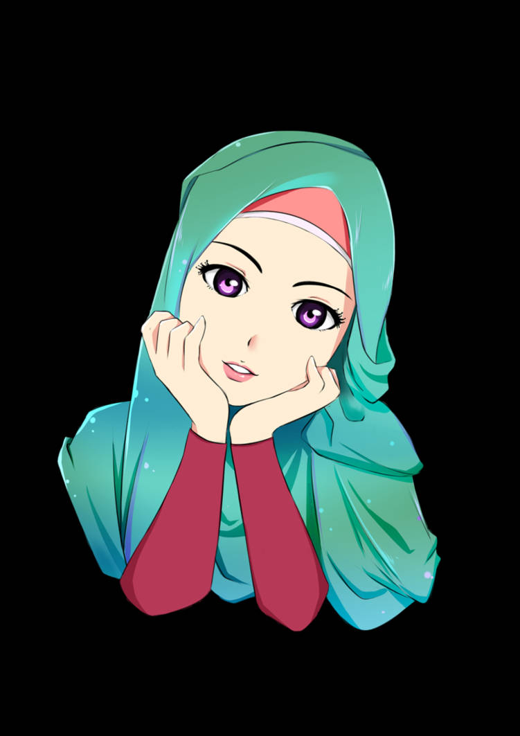 Purple-eyed Girl Hijab Cartoon Background