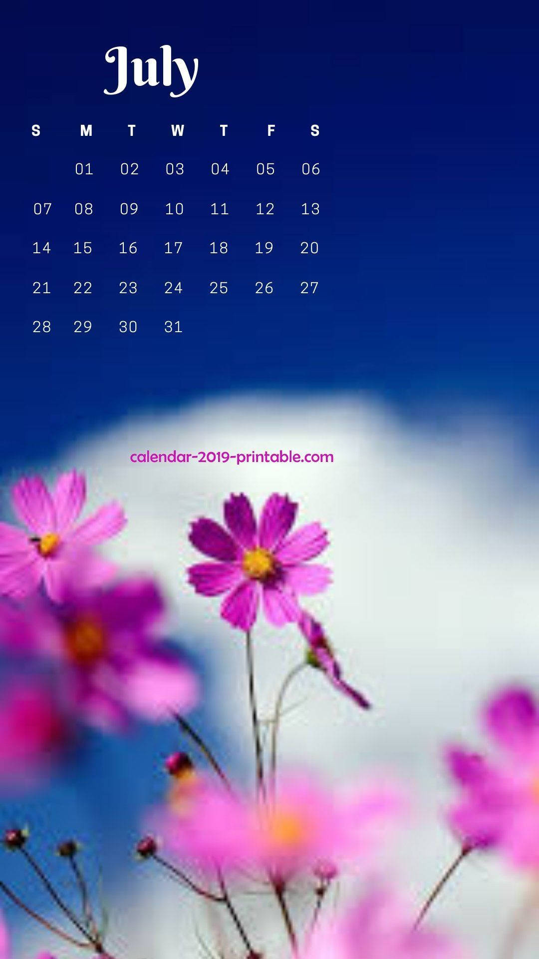 Purple Flowers July 2019 Calendar