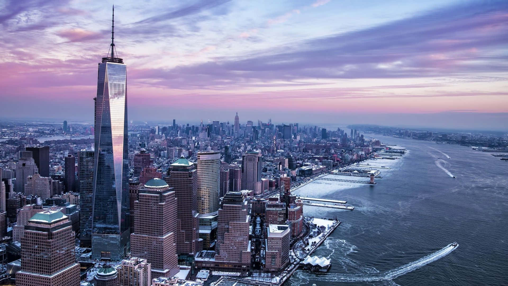 Purple Freedom Tower Skyline And Hudson River Photograph Background