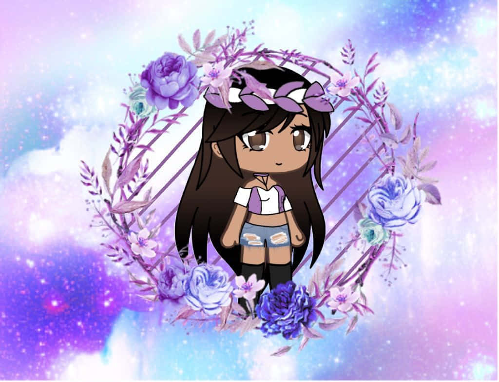 Purple Gacha Girl Headdress And Flowers Background