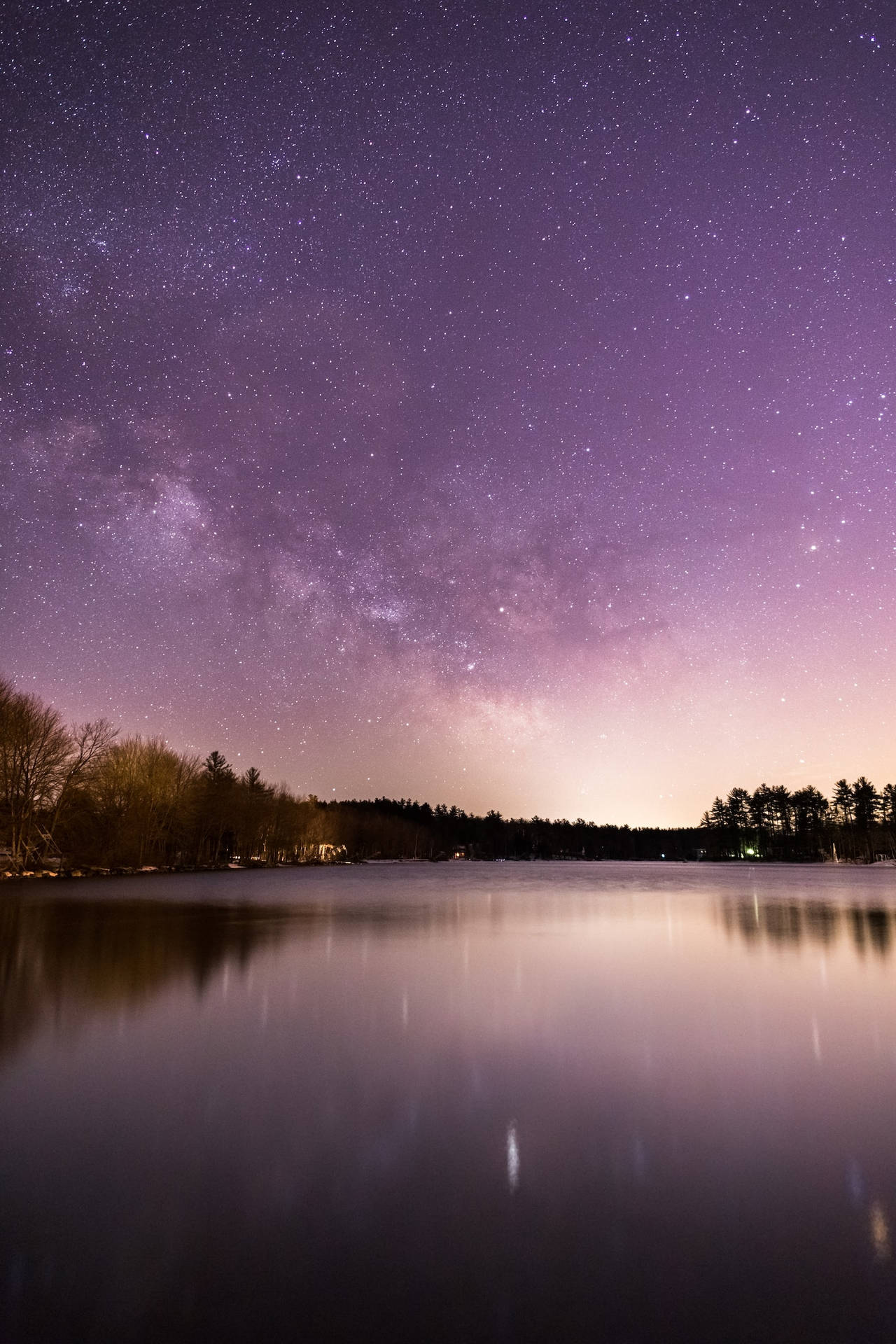 Purple Galaxy Sky, Water And Trees Phone Background