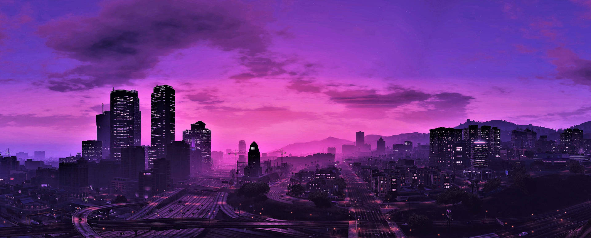 Purple Gaming City View Desktop Background