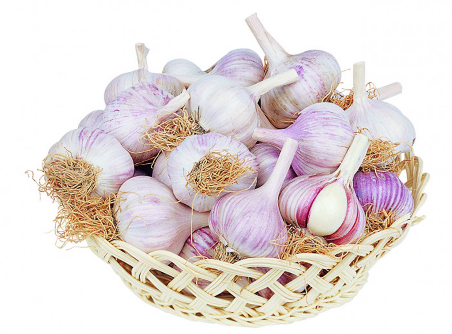 Purple Garlic Vegetable Herb In Wood Basket Background