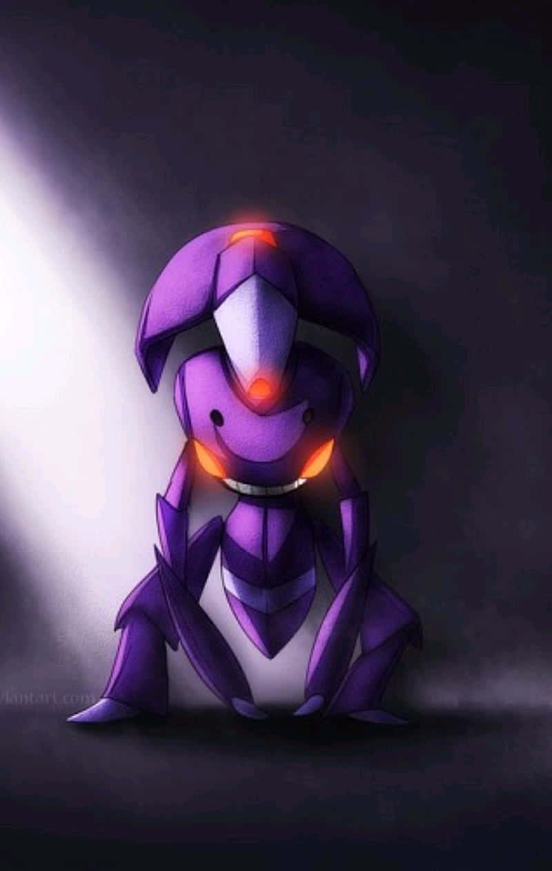 Purple Genesect Pokemon Leaning Against Wall Background
