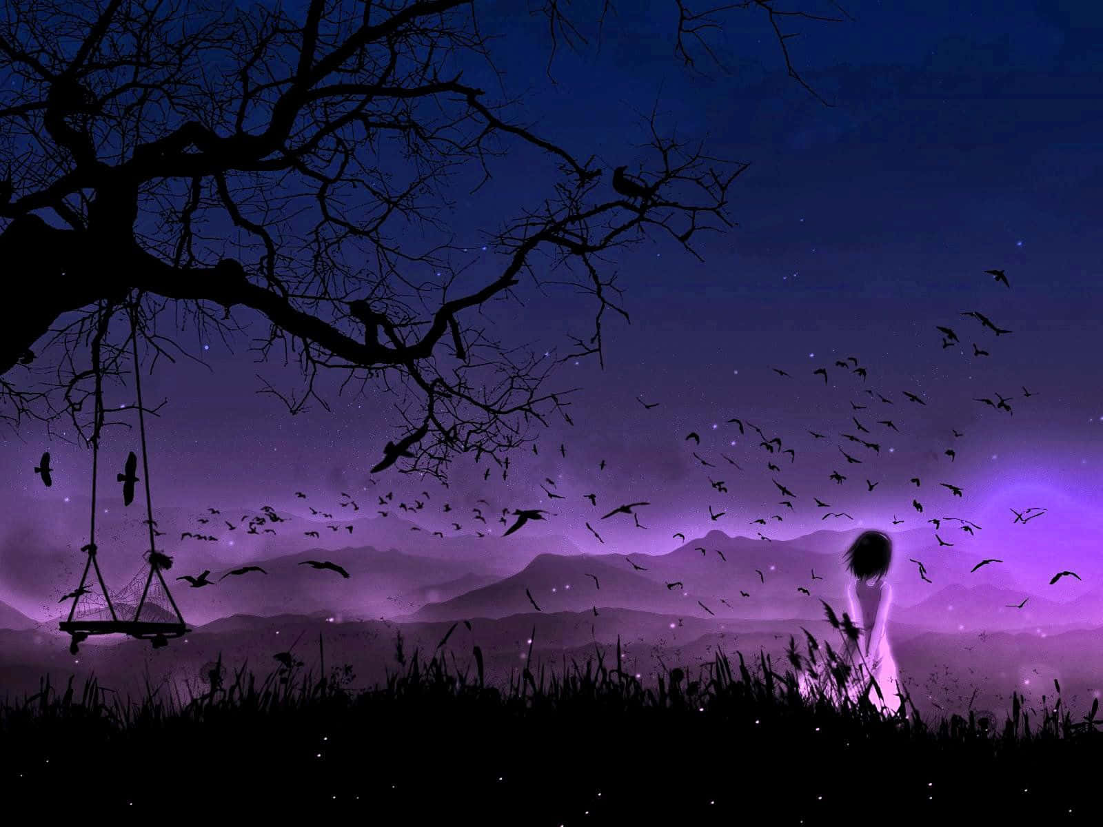 Purple Gothic Girl Lonely Garden Crows Background